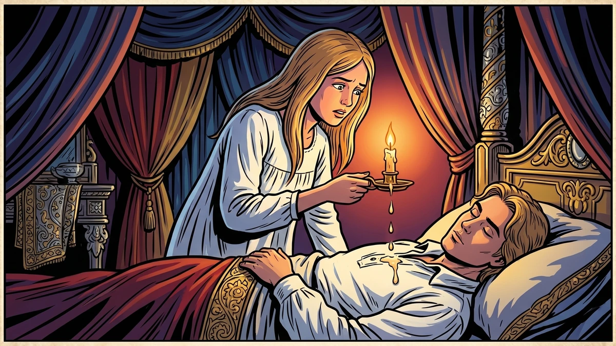 The heroine lights a forbidden candle over her sleeping prince husband and spills three drops of tallow on his shirt