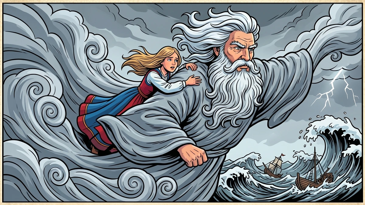 The North Wind carries the heroine through a storm above the raging sea toward the castle east of the sun and west of the moon