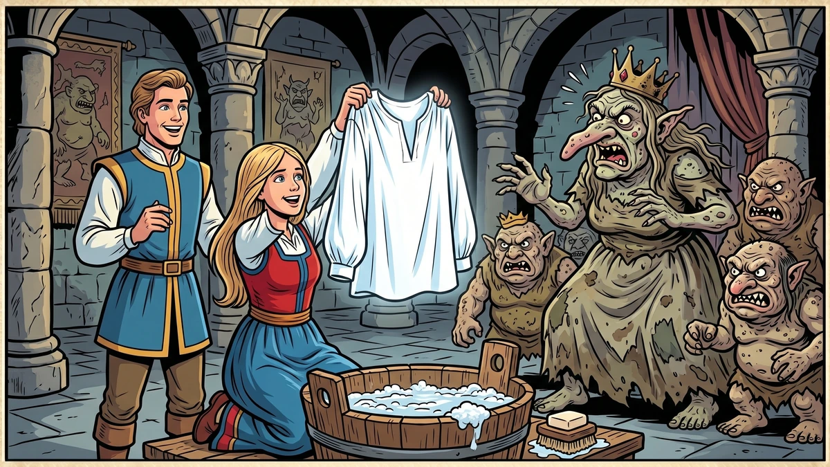 The heroine washes the tallow-stained shirt snow-white as the long-nosed troll-princess and trolls recoil in rage