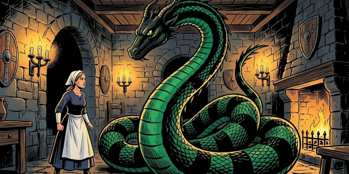 A great green Norse lindworm serpent rears up before a brave young woman in Danish folk dress in a candlelit medieval chamber in the tale of Prince Lindworm