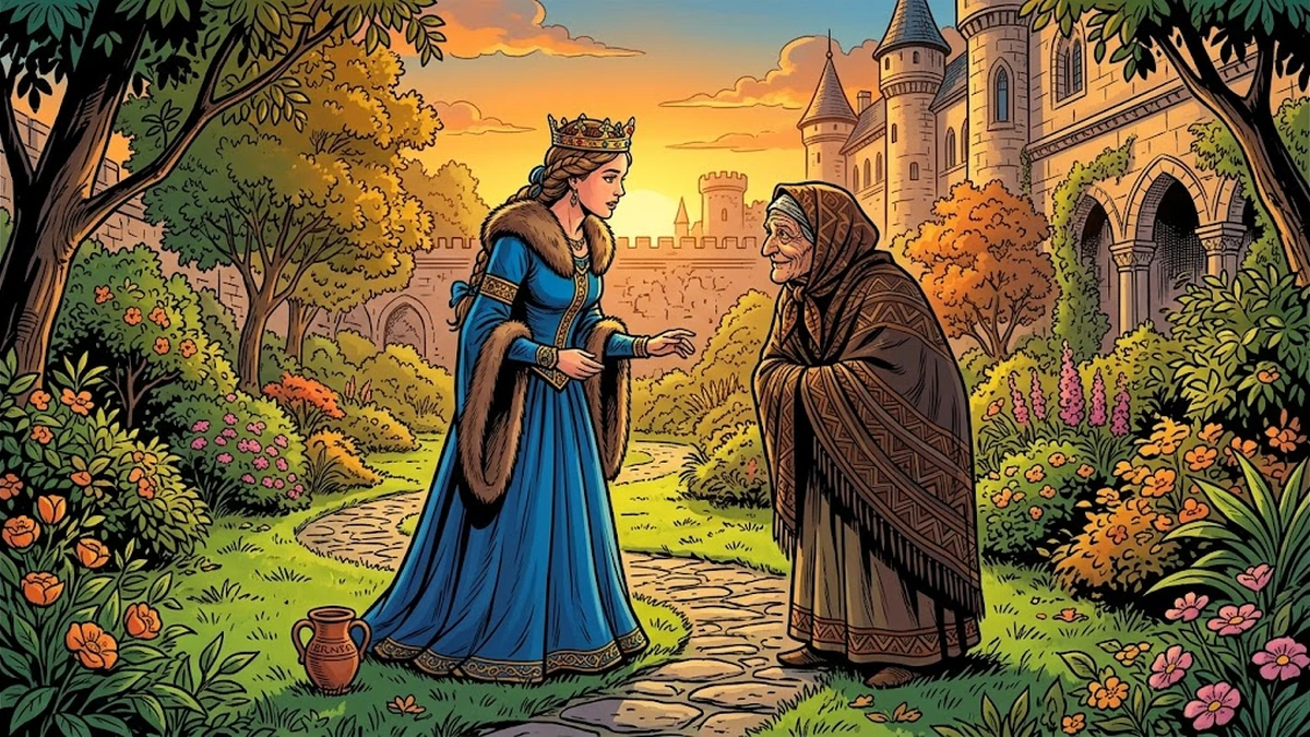 The young Scandinavian queen meets a kindly old witch in the palace garden at sunset in the Danish folk tale Prince Lindworm