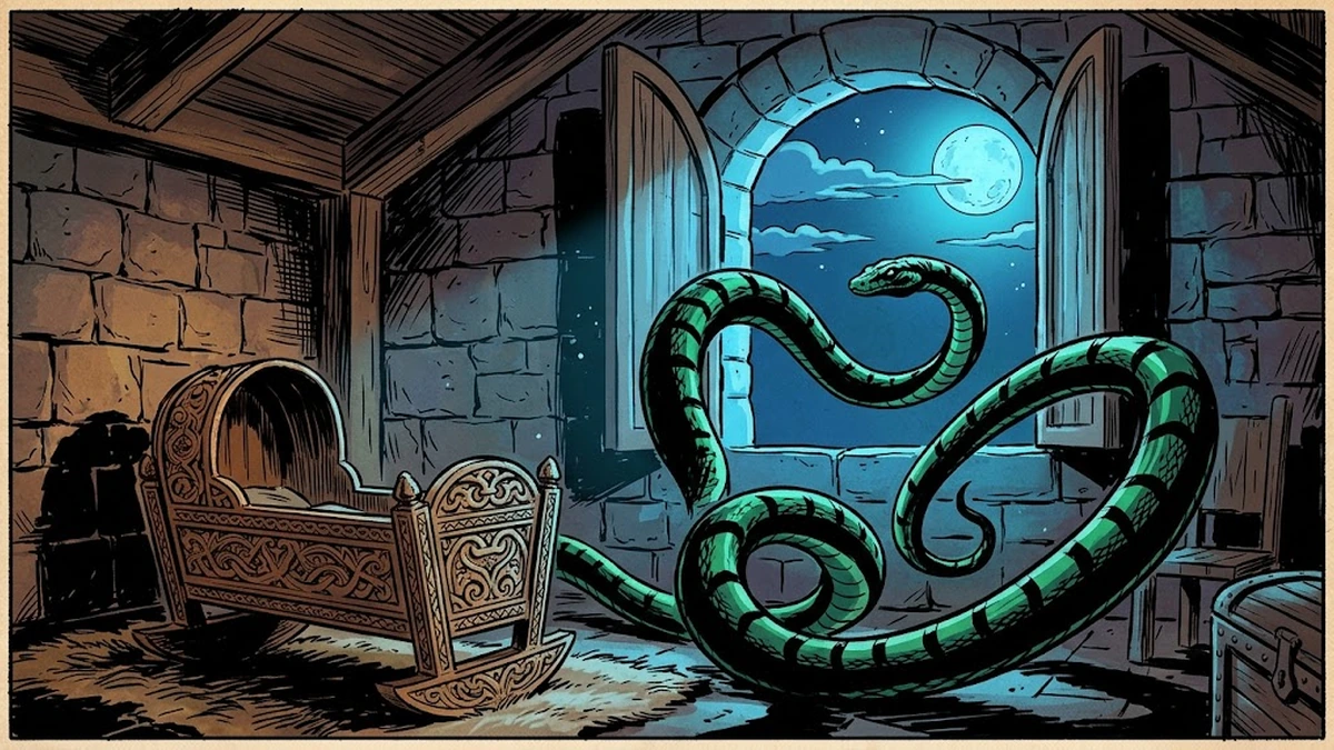 The newborn lindworm serpent slithers out of the moonlit window of the palace bedchamber in the tale of Prince Lindworm