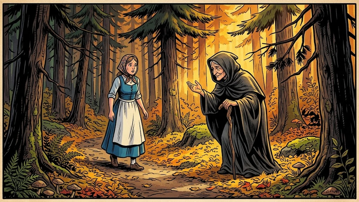 The frightened shepherd's daughter meets a wise old woman in a Nordic forest who tells her how to face the lindworm