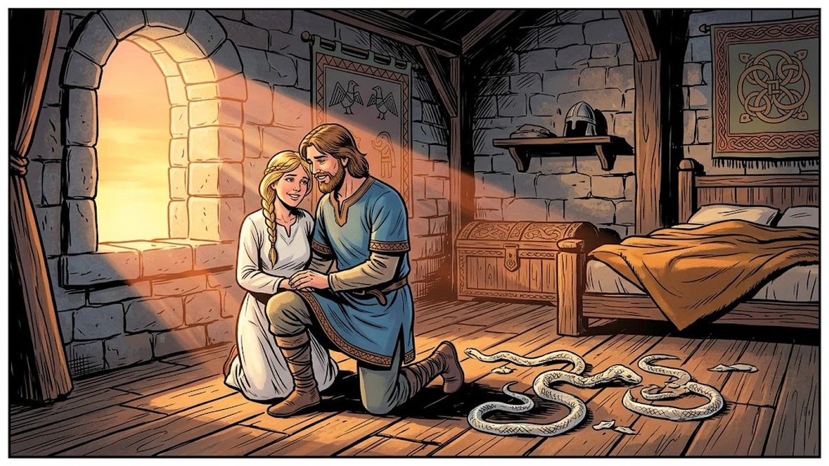 At dawn the lindworm has become a handsome human prince beside his brave bride, the shed serpent skins lying on the floor