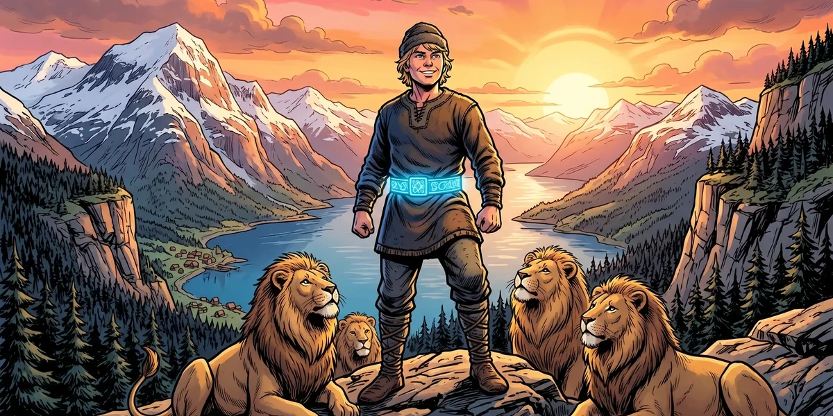 A strong young Norwegian peasant boy with a glowing blue belt and loyal lions on a fjord mountainside in The Blue Belt
