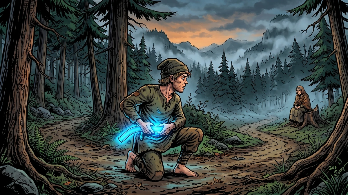 The ragged Norwegian peasant boy ties the glowing magical blue belt around his waist at a misty forest crossroads