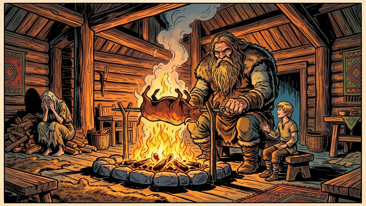 A towering troll giant roasts a whole ox over the fire while the fearless boy sits calmly beside him and his mother cowers