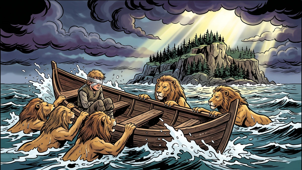 Loyal lions swim through a stormy northern sea dragging the blinded boy's small boat toward a rocky island