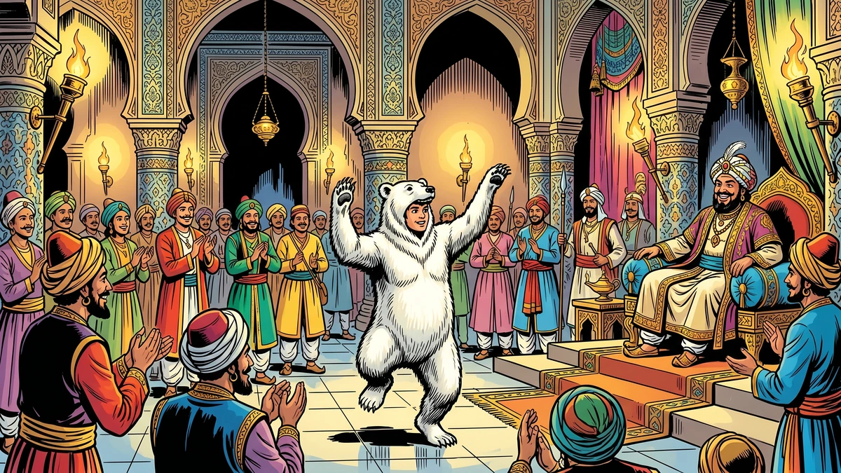 The hero disguised in a white bear skin dances before the King of Arabia in his torch-lit palace hall