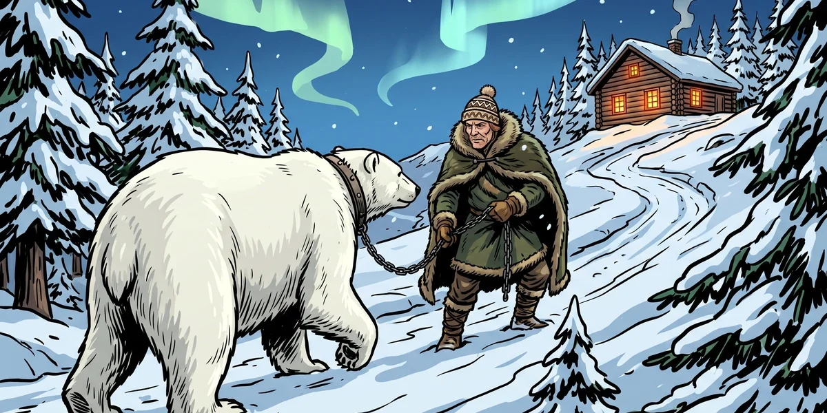A Norwegian traveller leads an enormous tame white bear up a snowy mountain track toward a glowing log farmhouse on the Dovrefjell in The Cat on the Dovrefell