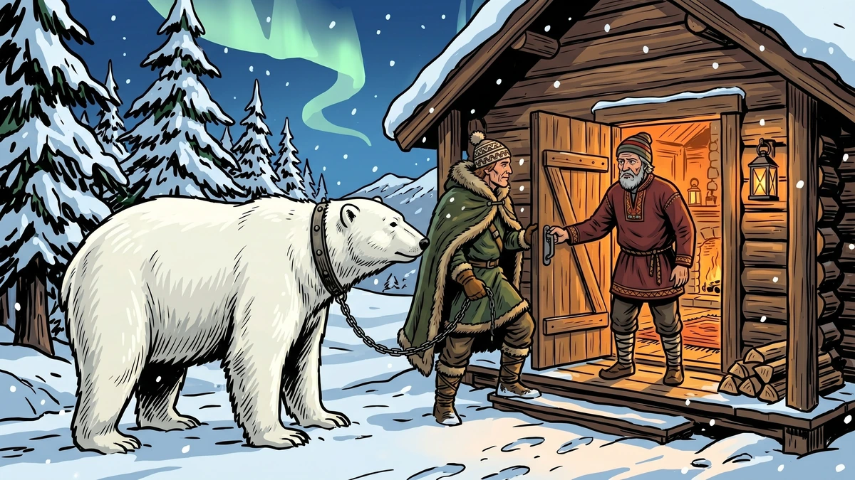 The traveller and his great white bear arrive at farmer Halvor's snowy log farmhouse door on Christmas Eve
