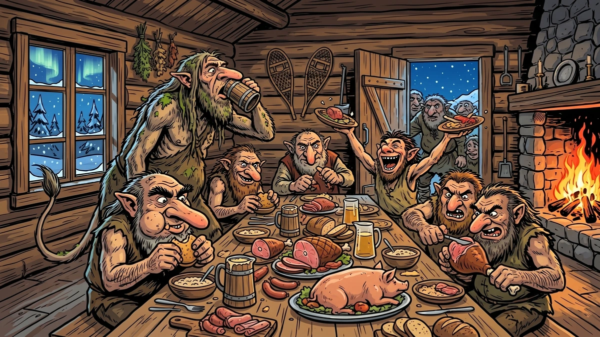 A wild pack of hairy Norwegian trolls feasts greedily at the farmhouse Christmas table
