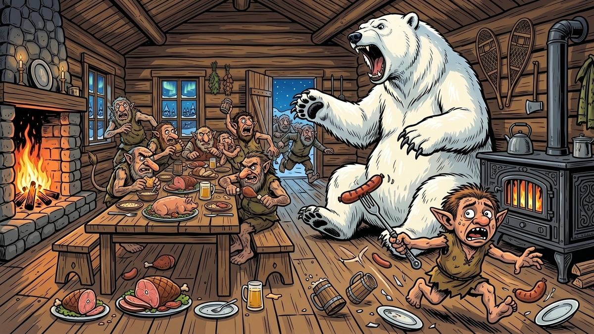 A small troll teases the great white bear with a sausage and the bear rears up roaring under the wood stove
