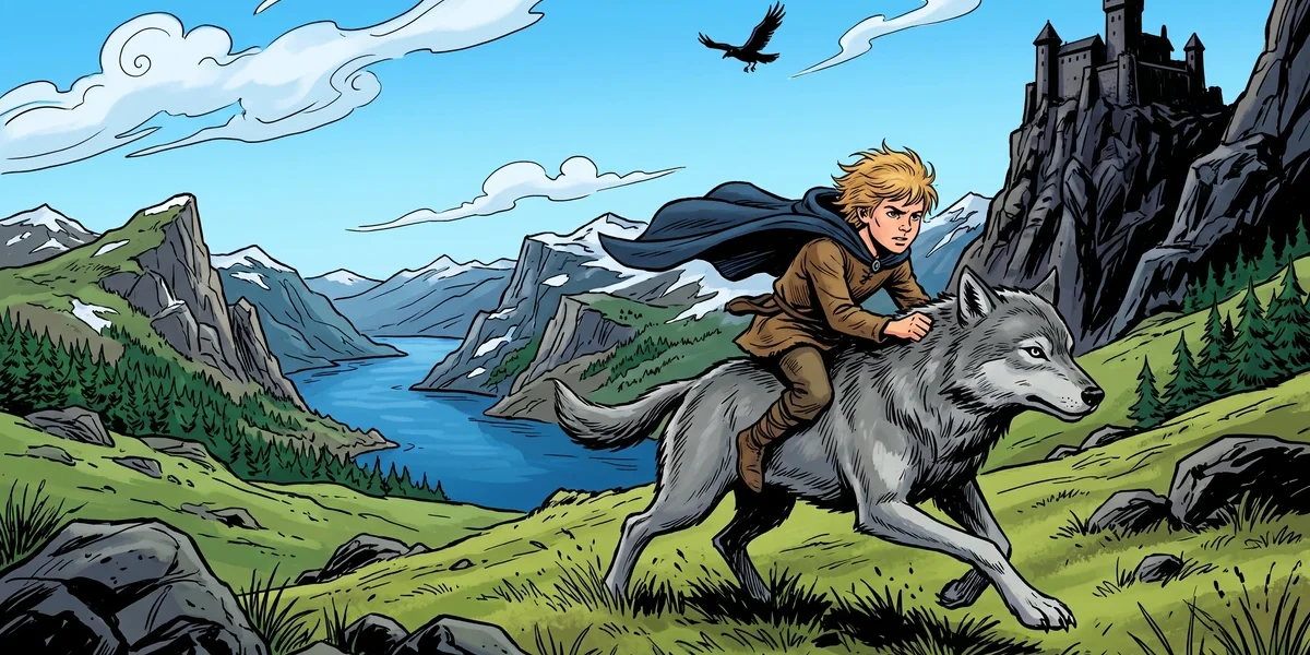 Boots the Ash-Lad rides a grey wolf across the Norwegian fells toward the heartless giant's castle, a raven overhead, vibrant Amar Chitra Katha style
