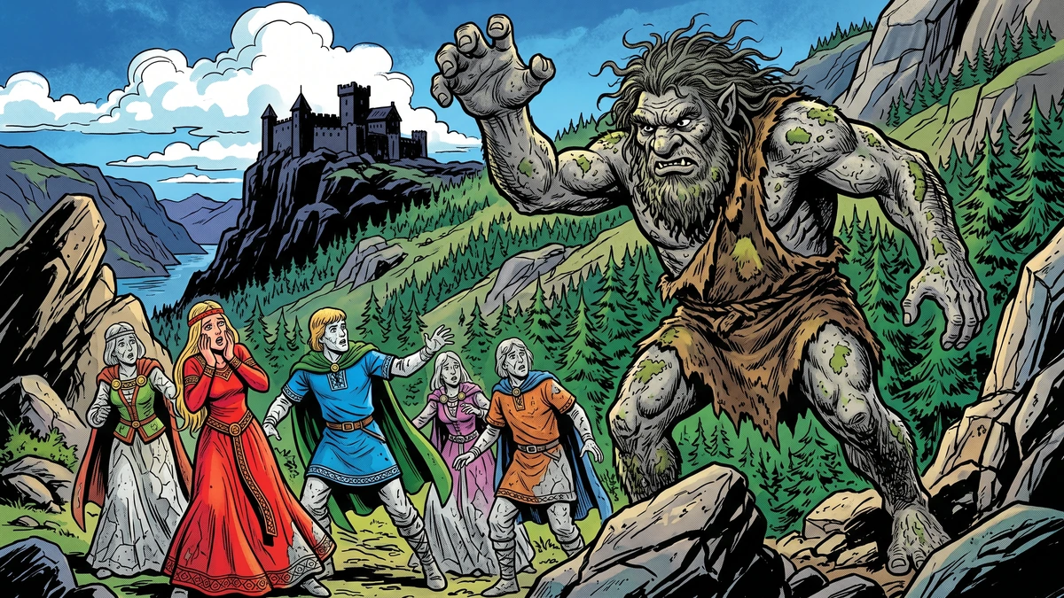 The six princes and their six brides turned to cold stone by the moss-covered giant on the mountainside, vibrant Amar Chitra Katha style