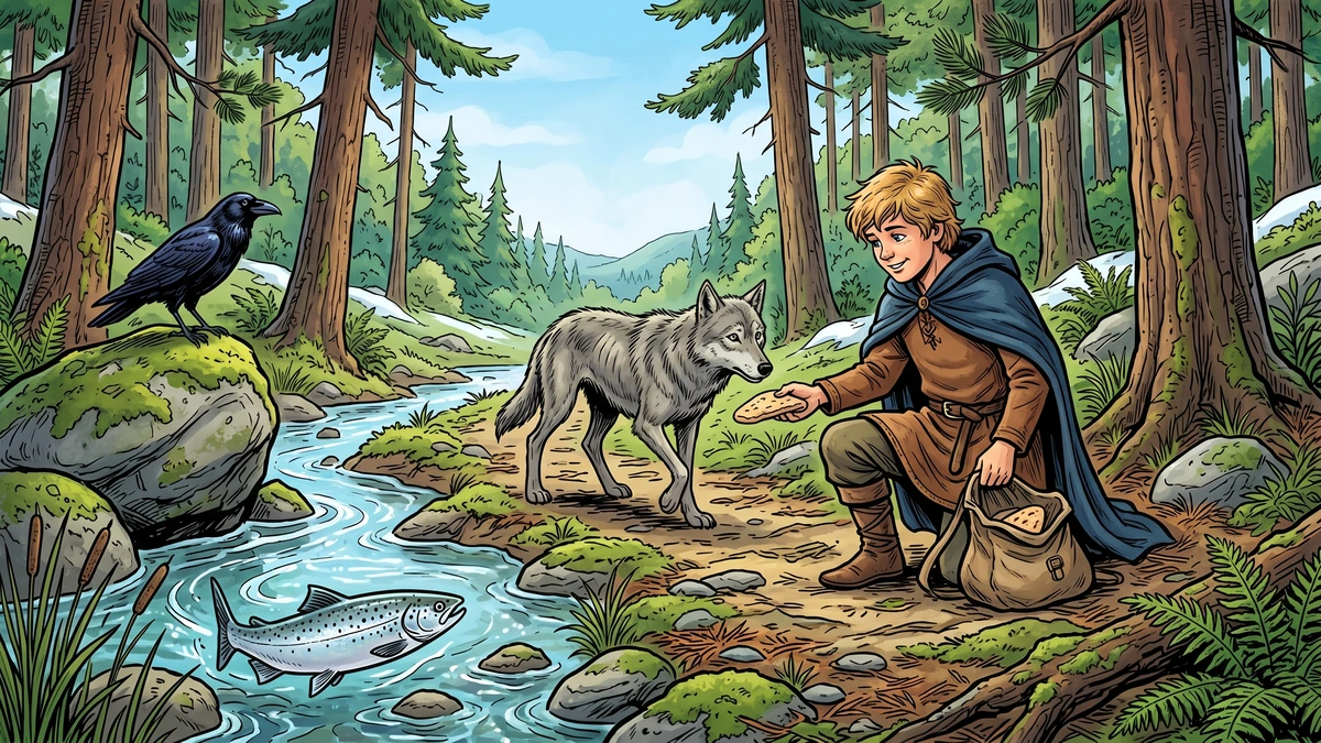 Boots feeds a starving wolf in the forest while a raven and a stranded salmon look on, the three kindnesses on the road, vibrant Amar Chitra Katha style