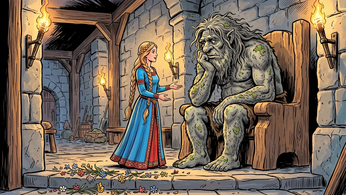 The captive princess gently coaxes the heartless giant to reveal where he hides his heart, flowers strewn on the door-sill, vibrant Amar Chitra Katha style