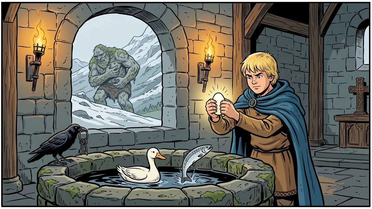 Boots squeezes the giant's heart-egg at the church well as the duck, salmon and raven help and the giant doubles over in pain, vibrant Amar Chitra Katha style