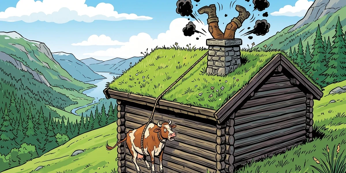 A cow dangles by a rope down the wall of a Norwegian turf-roofed farmhouse while the husband's legs stick out of the chimney in The Husband Who Was To Mind The House
