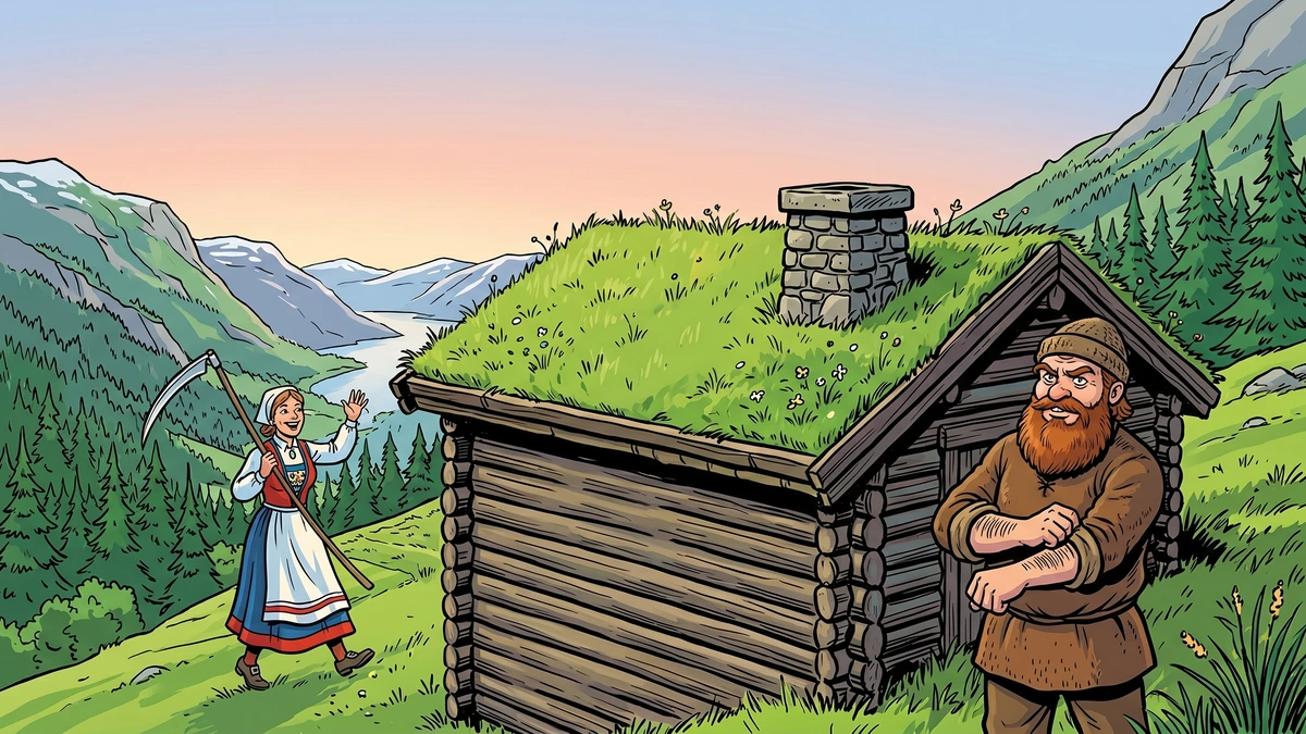 A Norwegian peasant wife shoulders a scythe for the hayfield while her grumbling husband stays behind to mind the house