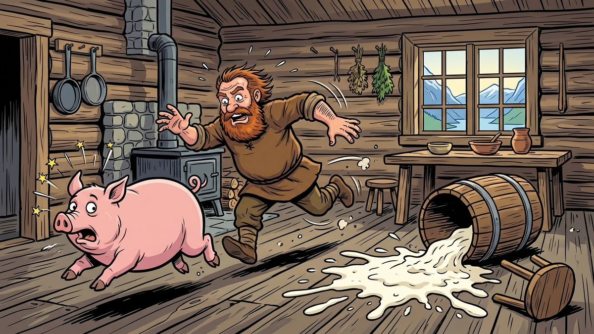 The husband chases a pig through the farmhouse kitchen as cream pours from the overturned butter churn