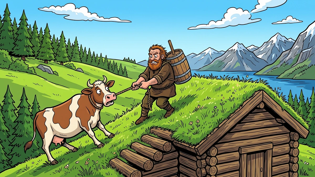 The husband carries a butter churn on his back as he leads the cow up onto the grassy turf roof of his farmhouse