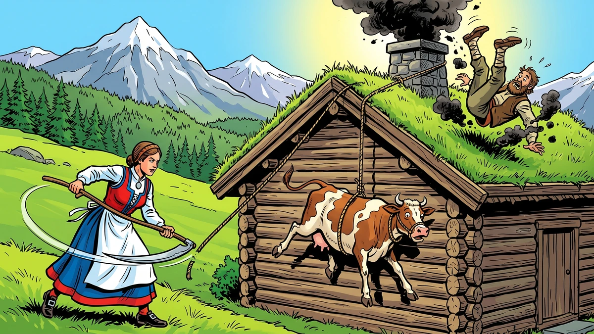 The wife cuts the rope with her scythe as the cow dangles against the wall and the husband tumbles down the chimney