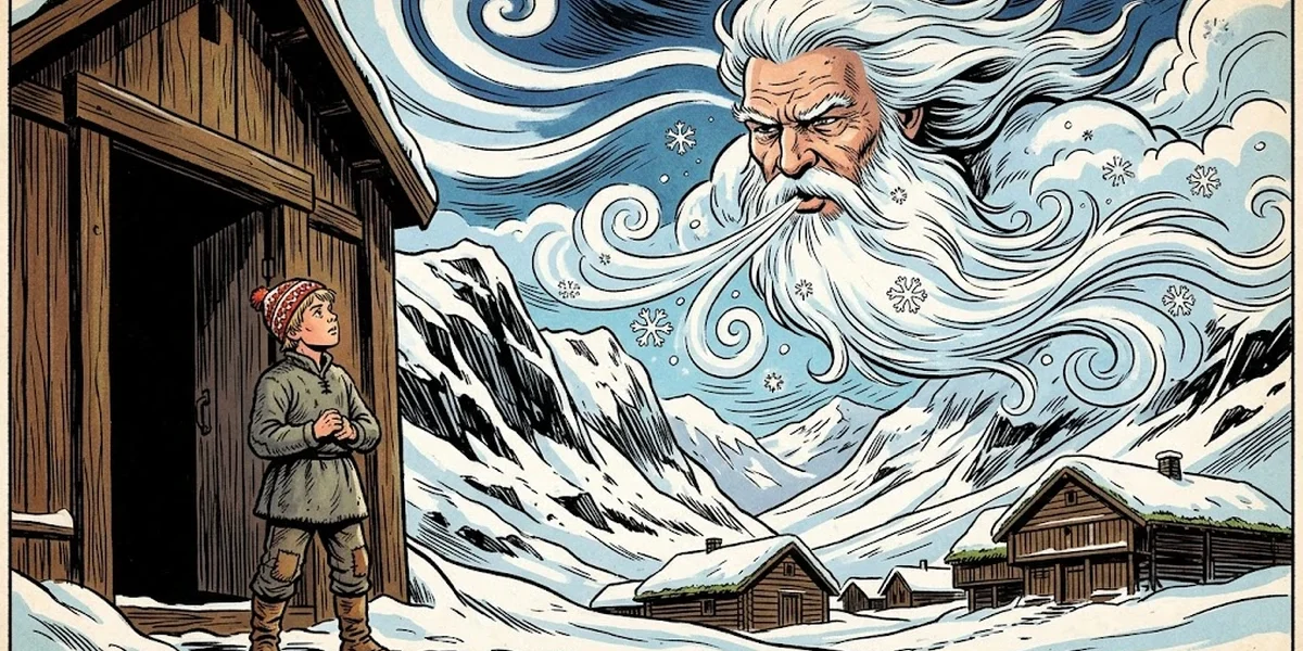 A young Norwegian peasant boy stands bravely before the towering personified North Wind in The Lad Who Went to the North Wind