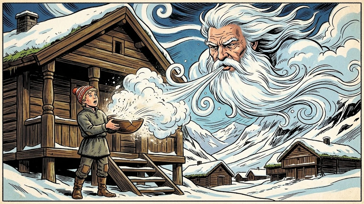 The North Wind blows a cloud of meal out of the boy's bowl on the steps of a Norwegian storehouse