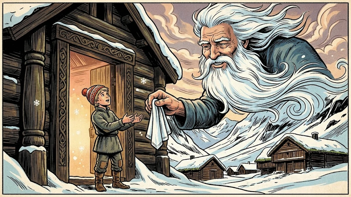 The North Wind hands the magic cloth to the young Norwegian peasant boy at the doorway of his house