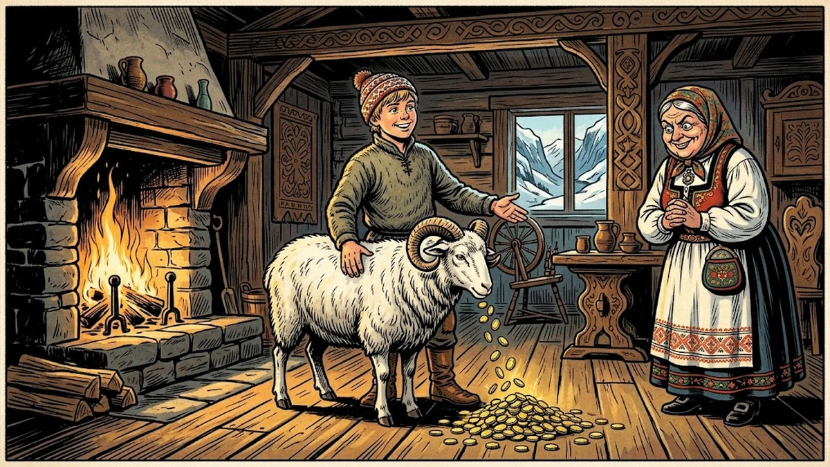 The ram coins gold pieces in a Norwegian inn while the greedy landlady watches with covetous eyes