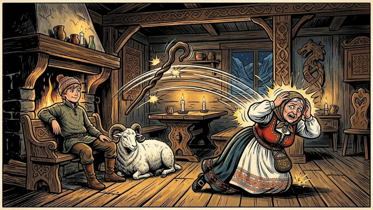 The magic stick beats the greedy landlady as the lad watches calmly in the Norwegian inn