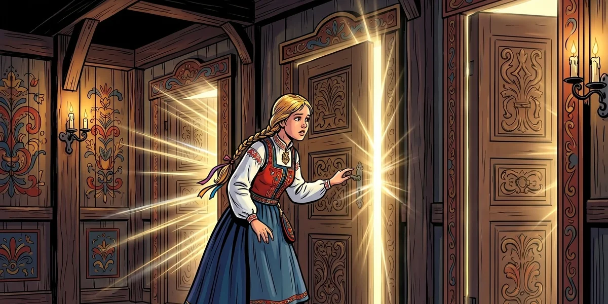 A young Norwegian girl hesitates before three glowing forbidden doors in The Lassie and Her Godmother