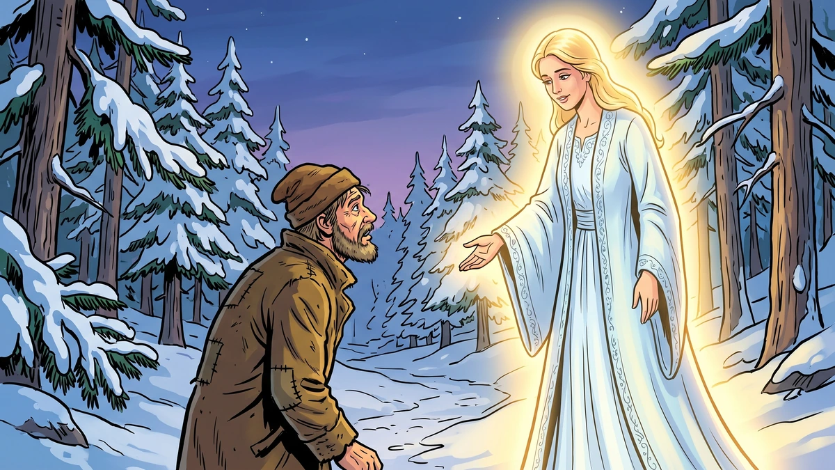 A poor Norwegian peasant man meets the radiant glowing lady in a snowy pine forest at dusk