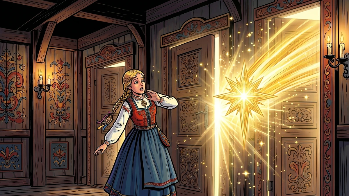 The lassie recoils in shock as a brilliant golden star bursts out of a forbidden door