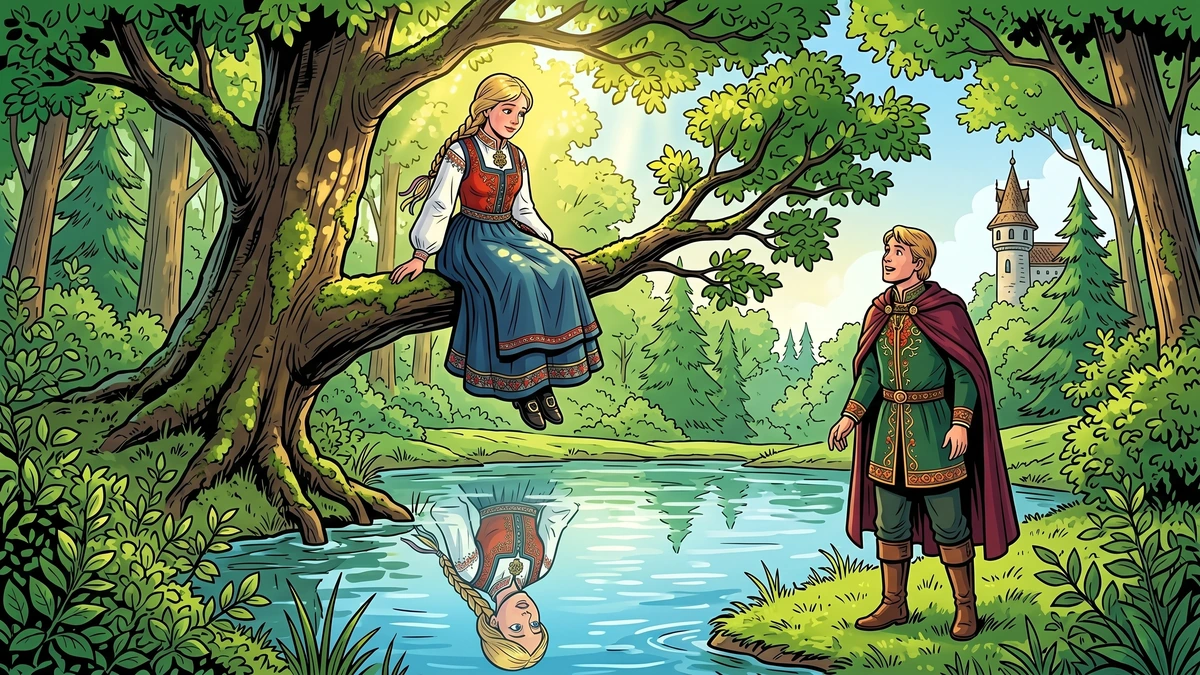 The prince discovers the beautiful silent lassie sitting in a tree above a forest spring