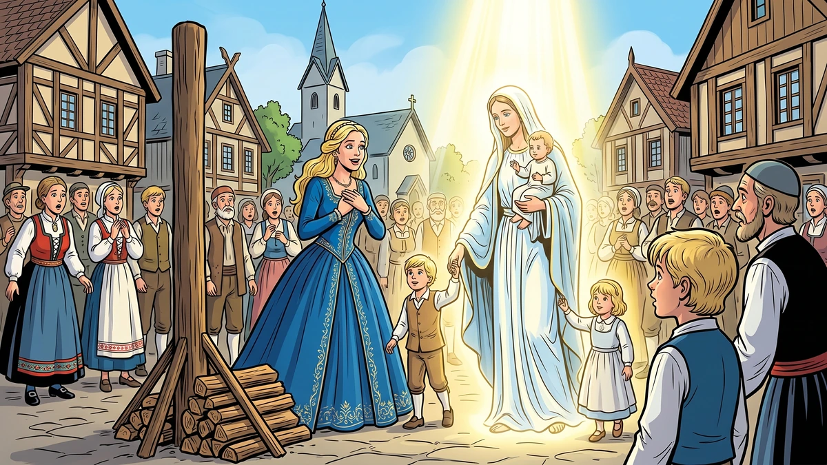 The radiant Virgin Mary returns the three children to the young queen beside the stake