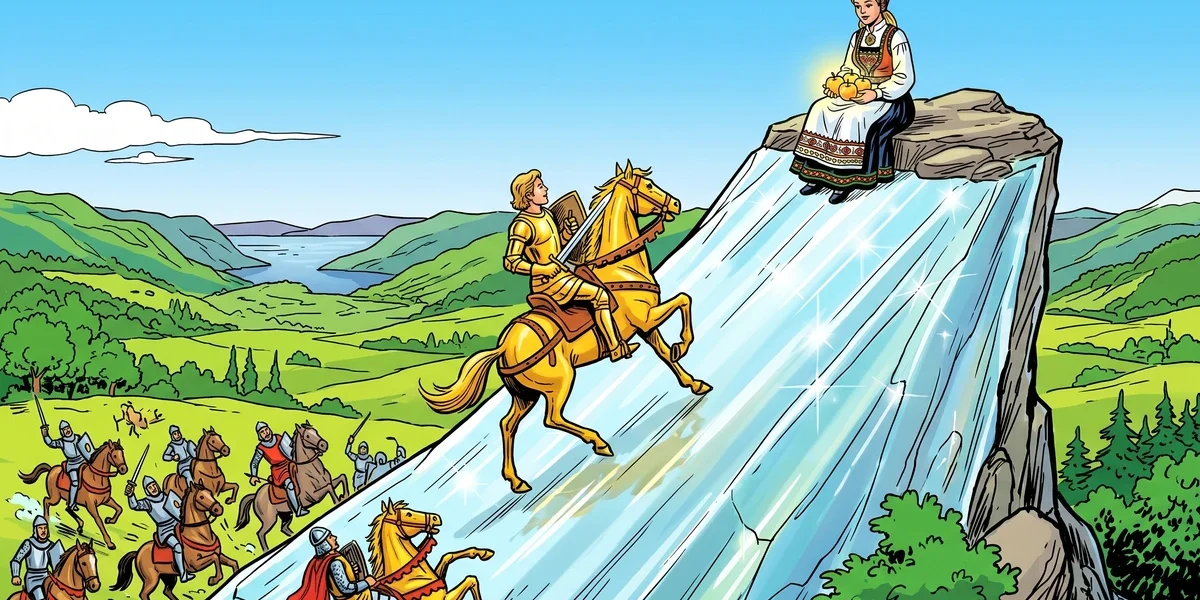 Boots in golden armour rides his magical horse up a steep hill of glass toward the princess in The Princess on the Glass Hill