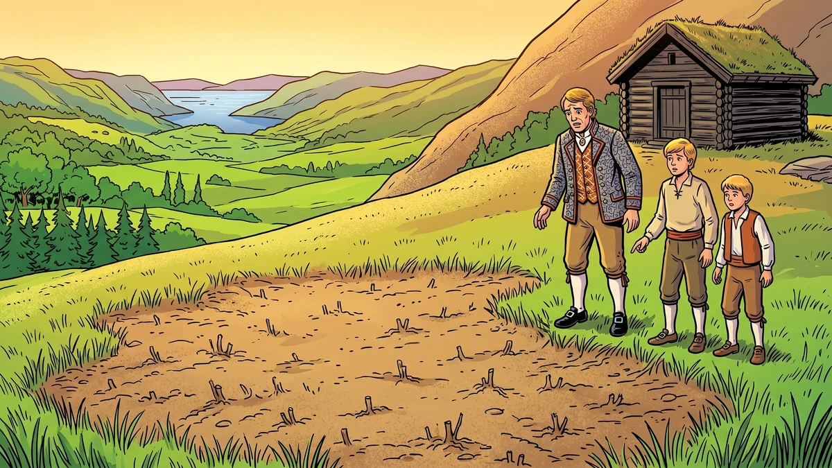 A Norwegian farmer and his three sons stand by a barn beside a hillside meadow grazed bare to the roots