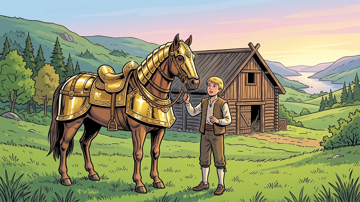 Boots casts steel over a gleaming brass-armoured magical horse to tame it outside the barn