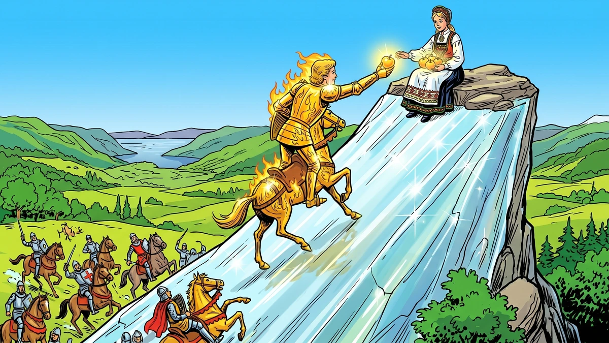 A knight in flaming gold armour reaches the summit and takes the third golden apple from the princess