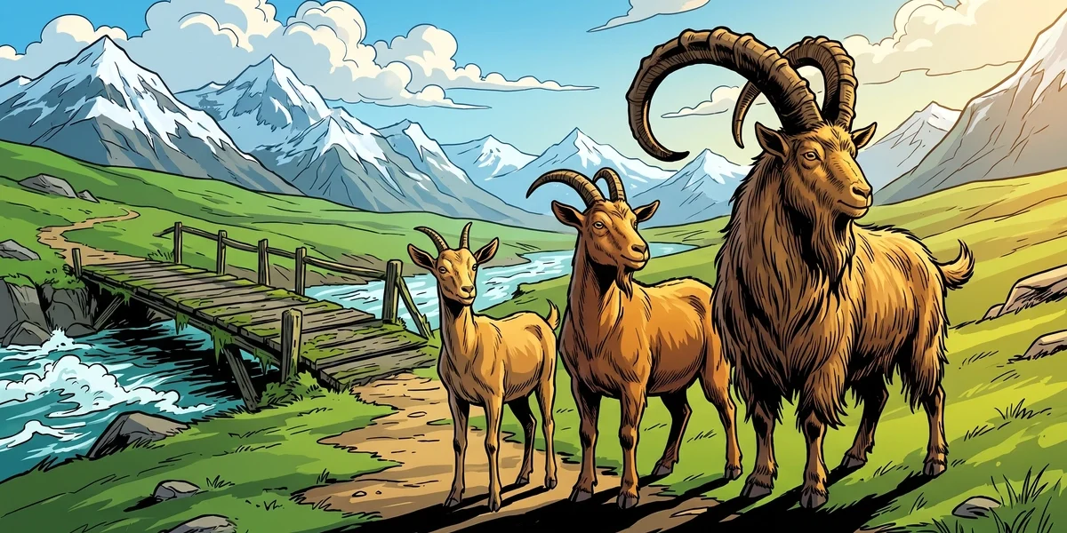 The three billy goats Bruse of increasing size on a green Norwegian mountain pasture before the troll's plank bridge - vibrant Amar Chitra Katha comic style