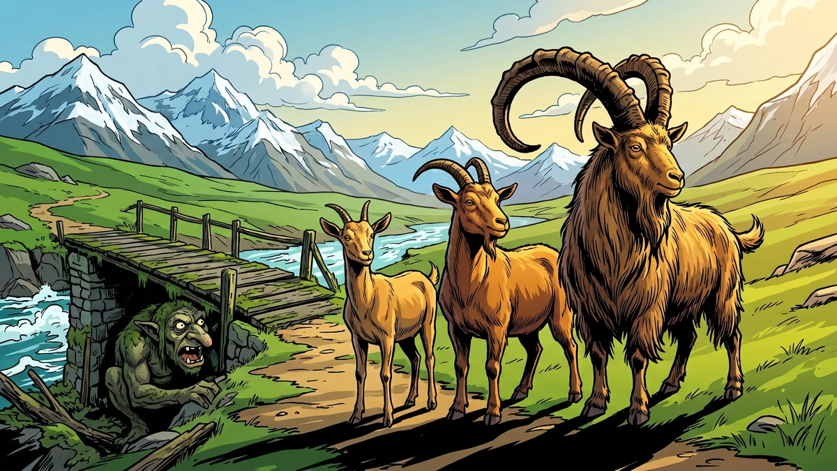 The hungry green valley and the old plank bridge over a rushing mountain river, the three billy goats on the bank and a mossy troll lurking beneath - Norwegian folk tale, ACK style