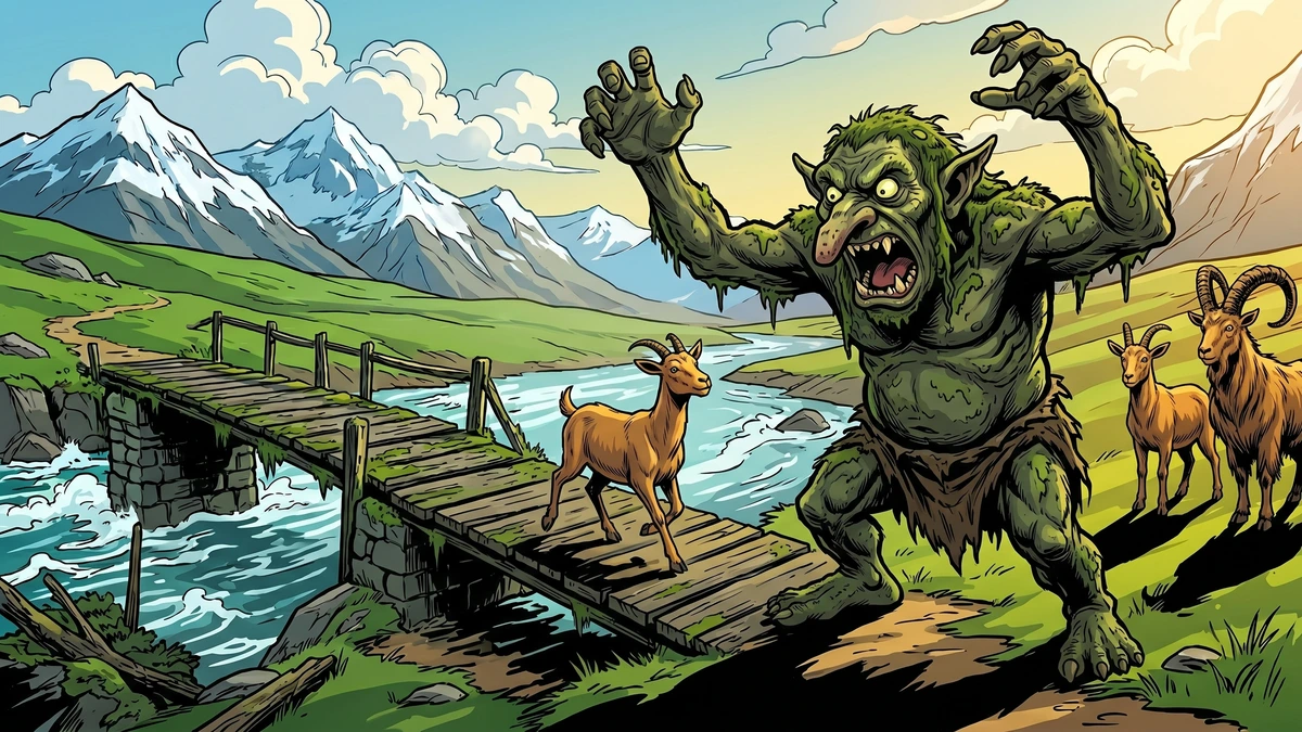 The smallest billy-goat Bruse trotting across the plank bridge as the huge ugly troll rises up roaring - Norwegian folk tale, ACK style