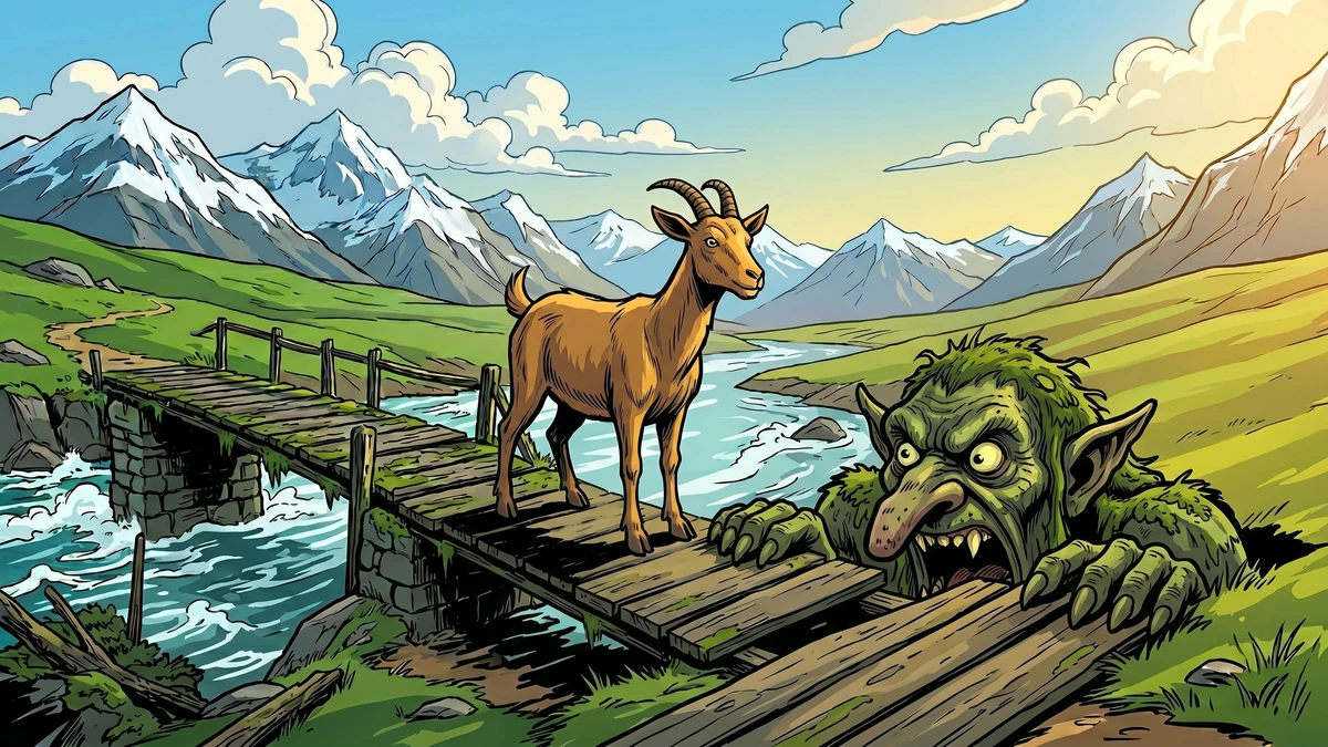 The middle billy-goat Bruse facing the hungry troll crouched beneath the bridge planks - Norwegian folk tale, ACK style