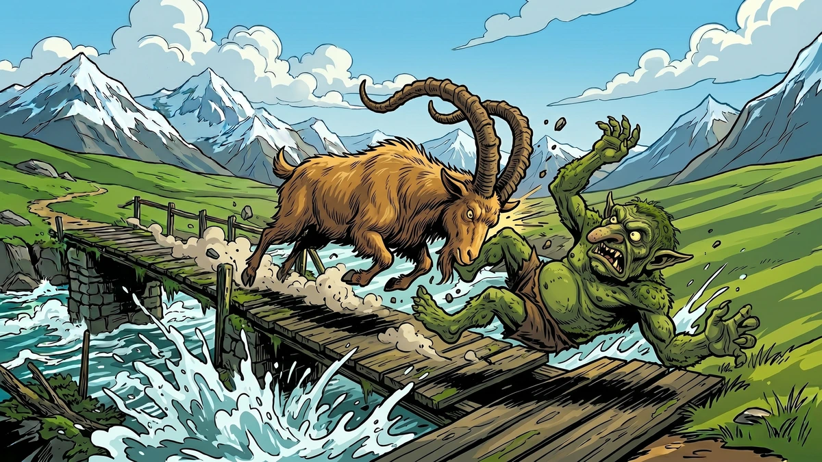 The great shaggy billy-goat Bruse charging the troll with lowered horns, knocking him into the rushing river - Norwegian folk tale, ACK style