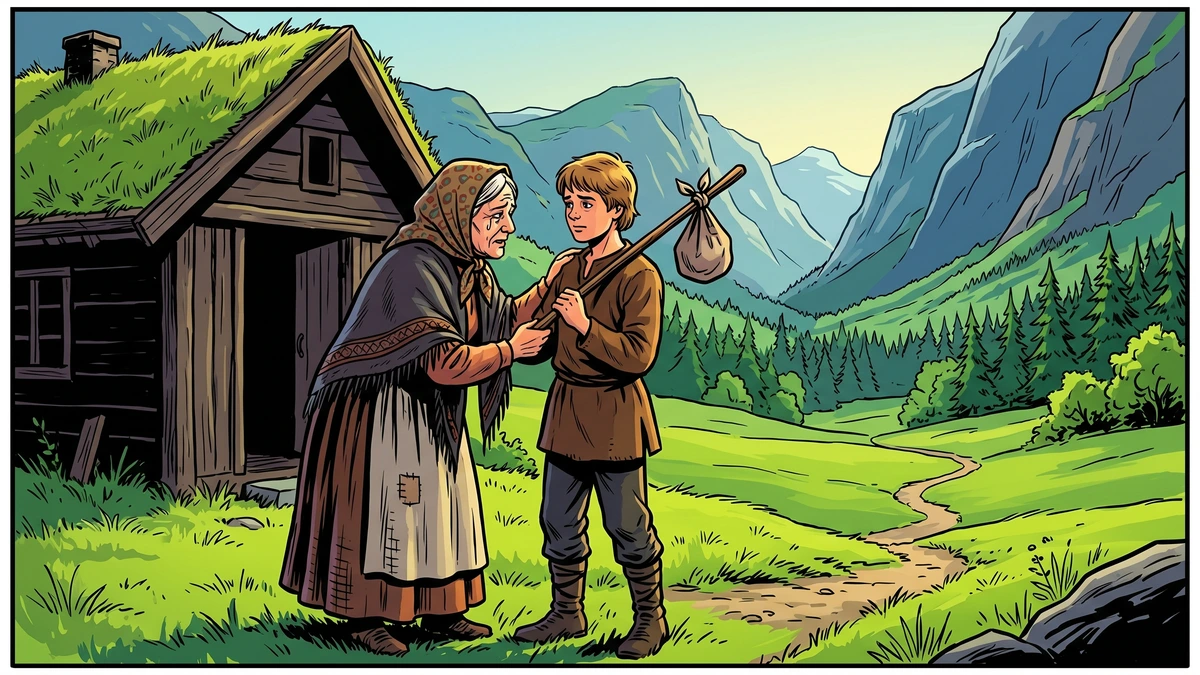 The widow bids her only son farewell as he sets out down the road to seek his fortune in the Norwegian countryside.
