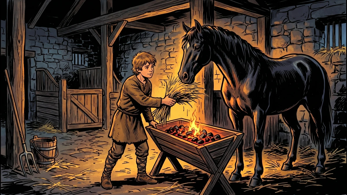 In the troll's forbidden room the boy finds the great black horse and turns the manger so the starving animal can reach the hay.