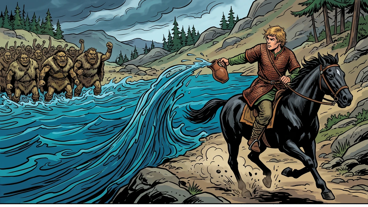 Fleeing the troll, the hero casts magic objects behind him that swell into a thicket, a black mountain and a wide lake.