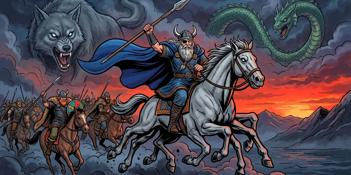 Ragnarok: The Twilight of the Gods - Cover - Odin and the gods ride to the final battle, vibrant Amar Chitra Katha style